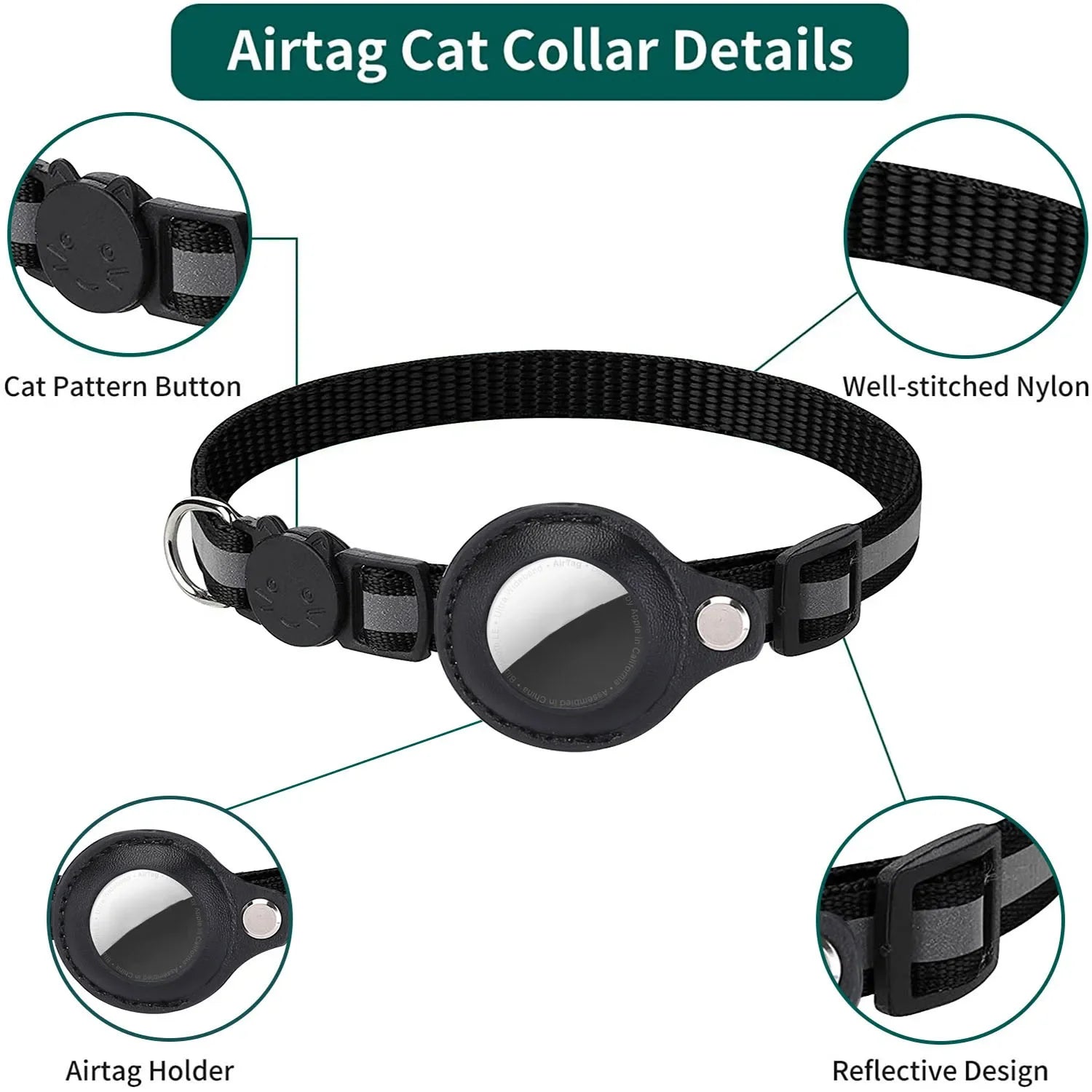Cat Airtag Holder Collar Breakaway Reflective Strips Adjustable Kitten Collar Waterproof Cat Bell Collar Pet Air Tag Case Collar